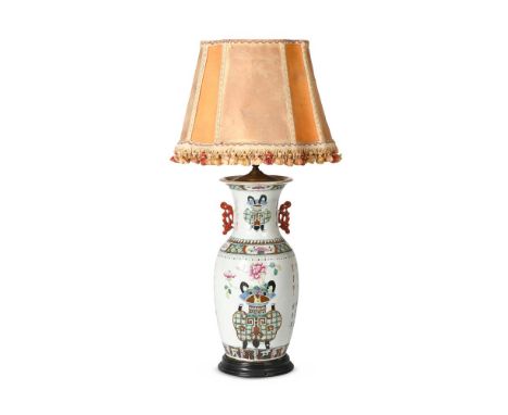 A CHINESE FAMILLE ROSE VASE LATE 19TH CENTURY adapted as a lamp, the vase 43cm high; 78cm high overall including shade and fi