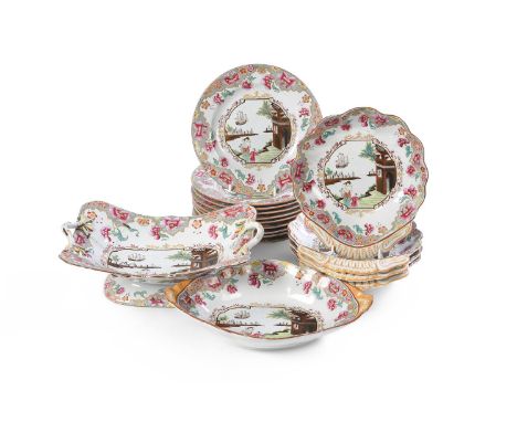 A SPODE STONE-CHINA 'CHINOISERIE SHIP' PATTERN PART DESSERT SERVICE   FIRST QUARTER 19TH CENTURY   Comprising: a pedestal rec