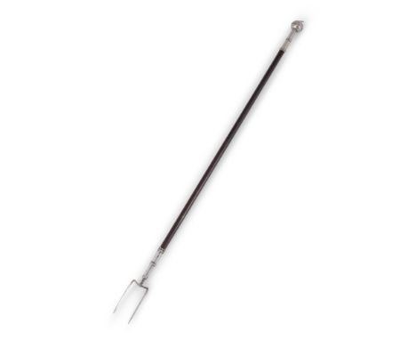 A SILVER MOUNTED TOASTING FORK LATE 18TH CENTURY, UNMARKED With twin prongs, ebonised handle, ball finial with suspension loo