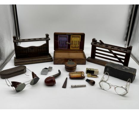 Assorted Lot to include Pipe Racks, Cigar Box, Two Pairs of Industrial Spectacles, and others. 