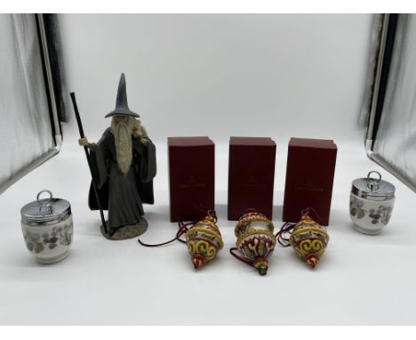 Three Boxed Villeroy &amp; Boch Christmas Ornaments, Two Royal Worcester Egg Coddlers, and Resin Figure of Wizard. 