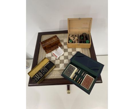 Beautiful Mahogany Chess Table along with Thuya Wood Domino, Empire Domino, Chess Pieces, and Cards. 