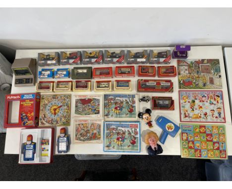 Vintage Toys to include Caveman Tomy Micro Computer Game, Puzzles, Walt Disney Movie Viewer, Toy Vehicles and others.   