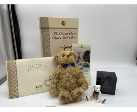 Boxed Royal Crown Derby Steiff Bear with Boxed Royal Crown Derby Miniature Teddy Bear Pack. 
Good condition, no chips, no cra