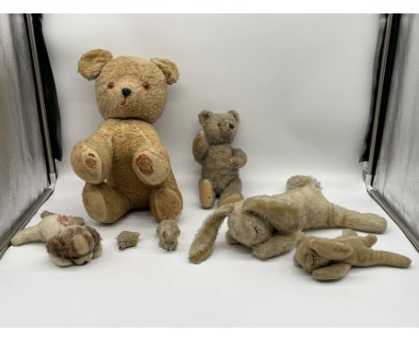 Collection of Steiff Style Vintage Soft Toys, only one bear with button in the ear. 