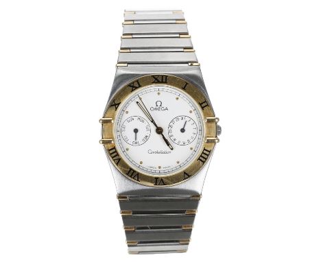 Omega Constellation Calendar gold and stainless steel gentleman's wristwatch, white dial, gold Roman numeral bezel, Omega bra
