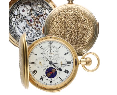 Good 18ct minute repeating chronograph perpetual calendar hunter pocket watch with moon phase, London 1913, the movement with