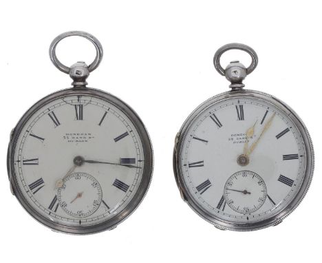 Two silver John Donegan, Dublin fusee lever engine turned pocket watches for repair, Dublin 1869 and 1885, signed movements, 