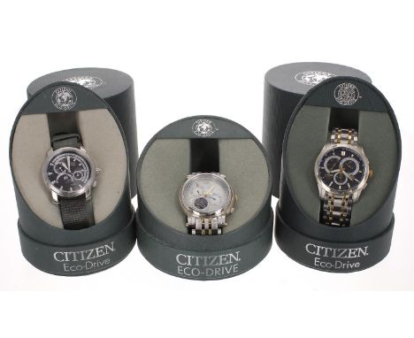 Two Citizen Eco-Drive Moon Phase Calibre 8651 stainless steel gentleman's wristwatches; with Citizen Eco-Drive boxes, guarant