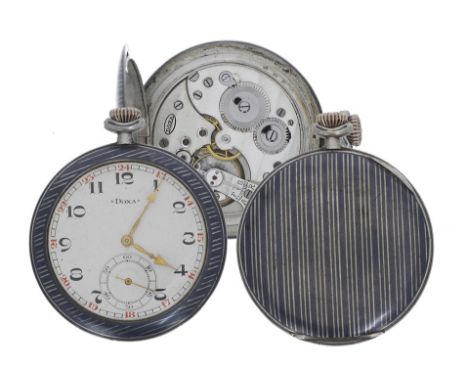 Doxa niello white metal (0.800) lever dress pocket watch, signed movement, signed cuvette, signed silvered dial with Arabic n