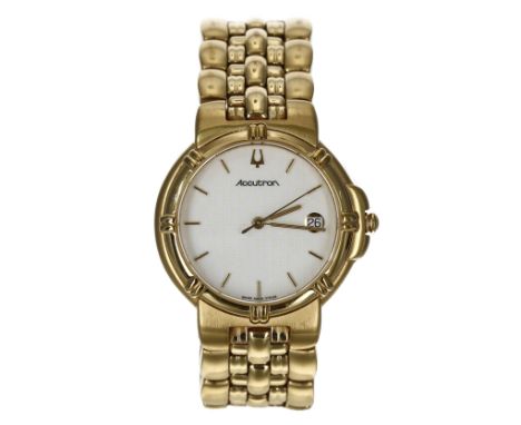 Bulova Accutron gold plated gentleman's wristwatch, case no. 687xxx, circular white dial, inscription to the case back, Bulov