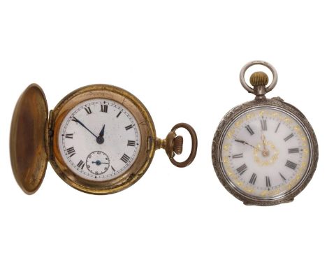 Silver (0.935) and enamel cylinder engraved fob watch for repair, 35mm; together with a gilt metal cylinder hunter engine tur