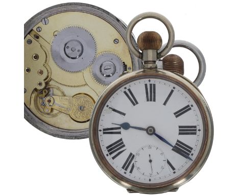 Omega Goliath nickel cased lever pocket watch, gilt frosted movement, hinged cuvette, enamel dial with Roman numerals, minute
