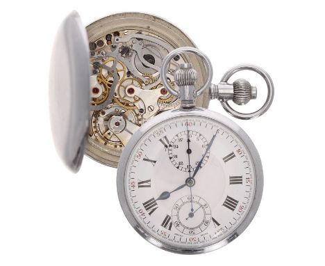 Swiss centre seconds chronograph nickel cased lever pocket watch, the movement inscribed 'Swiss Made, Spare Parts In Here', h