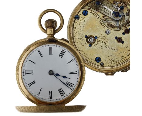 Attractive Swiss 18ct (0.755) half hunter lever fob watch, gilt frosted three quarter plate movement signed R. L. Rennison, S