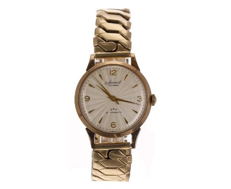 Accurist 9ct gentleman's wristwatch, Edinburgh 1955, circular silvered guilloche dial with gilt applied quarter Arabic numera
