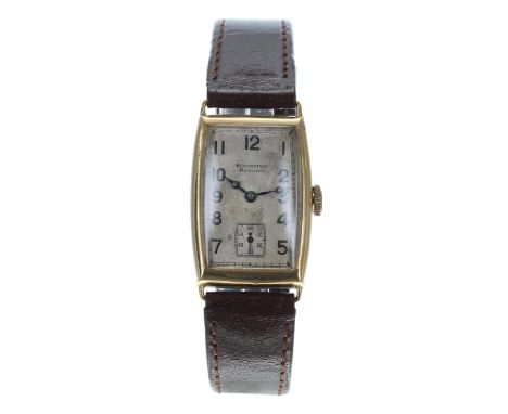 Bravington Renown 9ct rectangular gentleman's wristwatch, Birmingham 1936, silvered dial with Arabic numerals, minute marker 