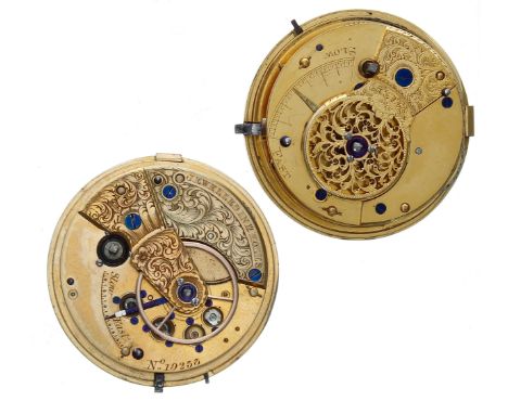 Good fusee lever pocket watch movement with stop/work lever, unsigned, dust cover, enamel dial, blued steel hands, 47mm; toge