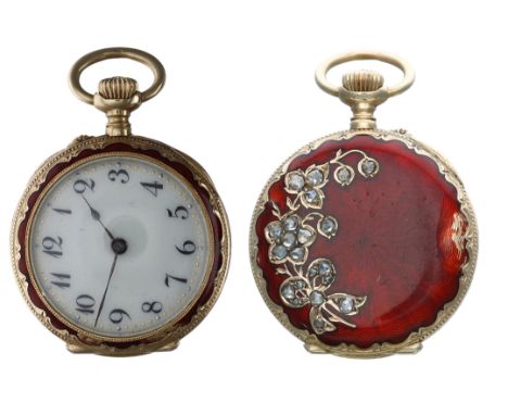 Attractive Continental 18ct, enamel and diamond lever fob watch, gilt bar movement, 18ct cuvette, the Arabic numerals with mi