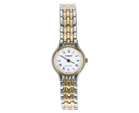 Tissot Stylist bicolour lady's wristwatch, reference no. V232, white dial with Roman numerals and minute markers, bicolour Ti