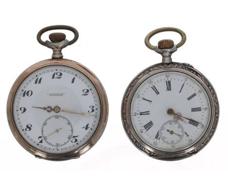 Continental silver (0.800) lever pocket watch for repair, inscribed cuvette, signed Arabic numeral dial, within an engine tur