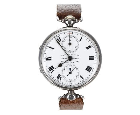 Interesting Swiss Monopusher Chronograph silver trench gentleman's wristwatch retailed by Marcks & Co Ltd, Bombay & Poona, th