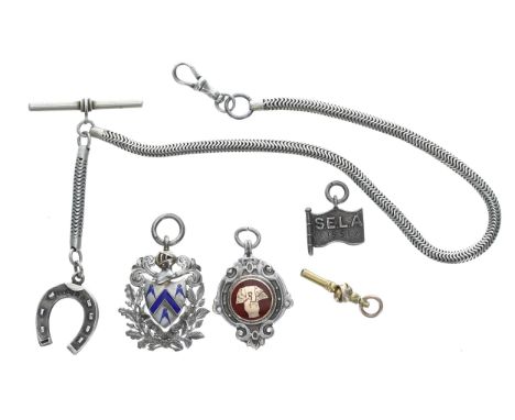 White metal watch Albert chain with clasp and silver horseshoe fob, 14'' long; together with silver Masonic fob, inscribed 'H