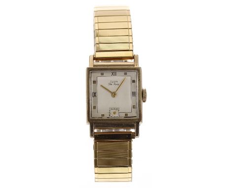 Elgin De Luxe 10k gold filled square cased gentleman's wristwatch, square silvered dial with quarter Roman numerals, square g