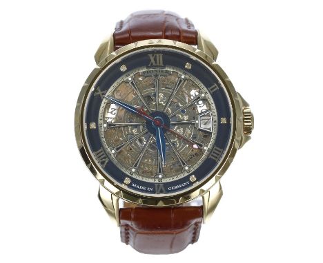 Pionier automatic gold plated gentleman's wristwatch, reference no. GM-510, skeleton dial, exhibition case, Pionier brown lea