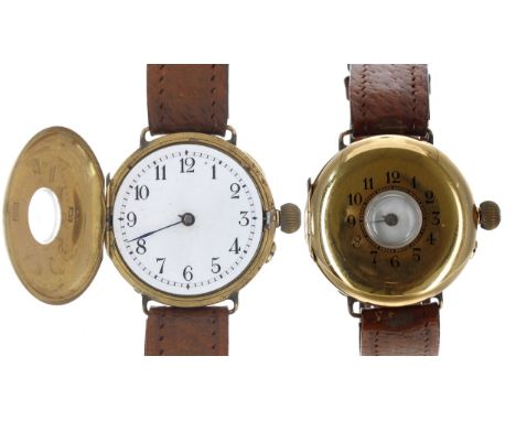Early 20th century 18ct half hunter wire-lug wristwatch, enamel dial with Arabic numerals and minute track, gilt bar cylinder