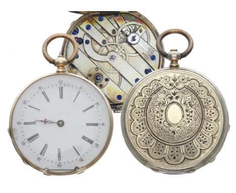 Swiss 14ct cylinder fob watch, gilt frosted bar movement, inscribed metal cuvette, the dial with Roman numerals and outer min