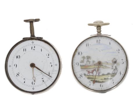 Silver verge pair cased pocket watch, the fuse movement signed Jn'o McCaskie, Liverpool, no. 5002, polychrome automaton ename