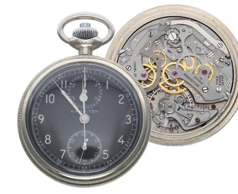 Hamilton single push button centre seconds chronograph base metal lever pocket watch, signed Model 23 19 jewel adj. to temp. 