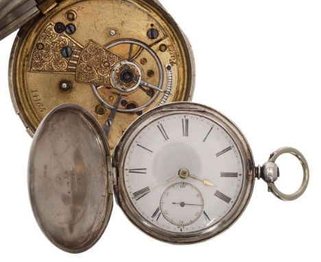 Victorian silver fusee lever hunter pocket watch, London 1856, unsigned movement, no. 14165, with engraved balance cock, diam