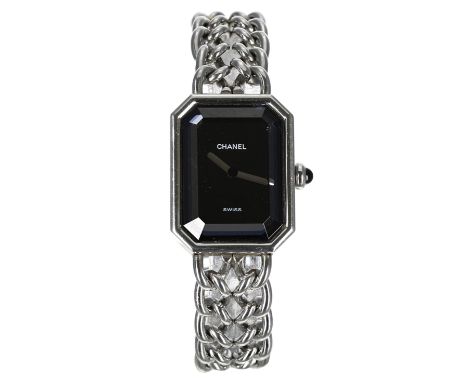 Chanel, Paris Premieré stainless steel lady's wristwatch, black dial, serial no. Q.N.3xxxx, black dial, chain bracelet stampe