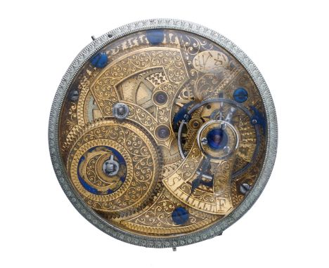 Chinese duplex pocket watch movement, signed and elaborately engraved with steel three arm 'bat-wing' balance and regulator, 