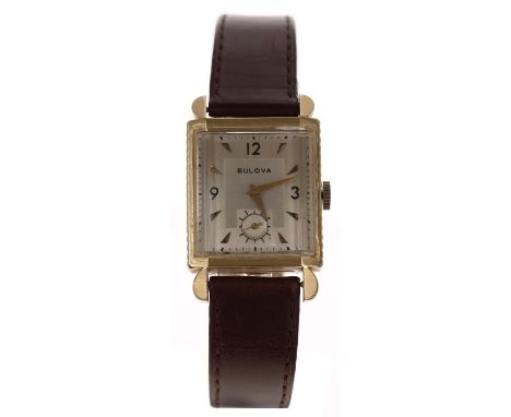 Bulova 14ct rectangular mid-size gentleman's wristwatch, rectangular silvered dial with black quarter Arabic numerals, applie