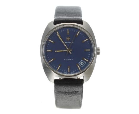 Zenith automatic stainless steel gentleman's wristwatch, reference. 01.1291.290, circa 1970s, the blue dial with baton lume s