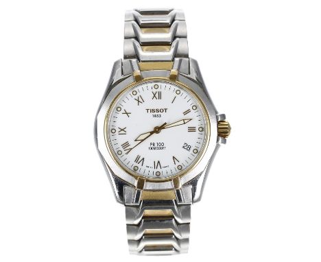Tissot PR 100 bicolour gentleman's wristwatch, reference no. P660/760, white dial, Tissot bracelet with fliplock clasp, quart
