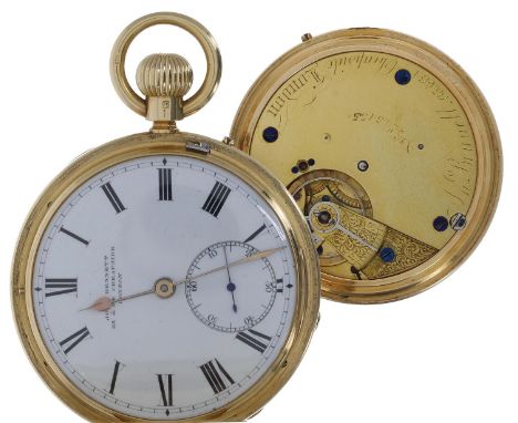 Good Victorian 18ct and enamel hunter lever pocket watch, London 1873, gilt frosted three-quarter plate movement signed John 