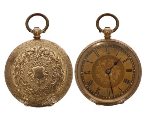 Swiss 18ct cylinder engraved fob watch examined by J.W. Benson, signed metal hinged cuvette, gilt dial, 28.9gm, 34mm, with po