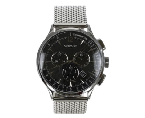 Movado Circa Chronograph stainless steel gentleman's wristwatch, reference no. 36.1.14.1184, serial no. 14136xxx, black dial,