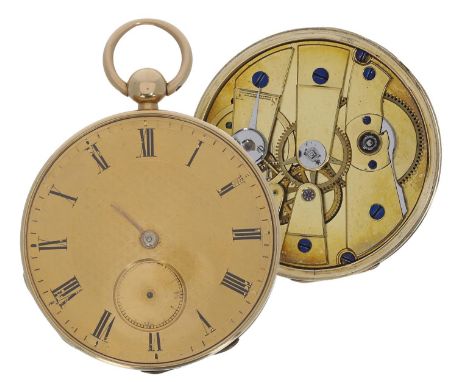 Irish 18ct gold duplex pocket watch, gilt movement with gilt three arm balance, regulator and compensation curb, hinged cuvet