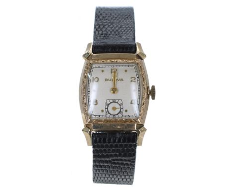 Bulova 10k gold filled and stainless steel gentleman's wristwatch, case no. 8068xxx, circa 1948, engraved bezel, silvered dia