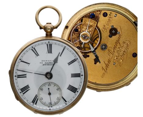 Small Irish 18ct fusee lever pocket watch, Dublin 1862, the gilt three quarter plate movement signed John Donegan, Dublin, no