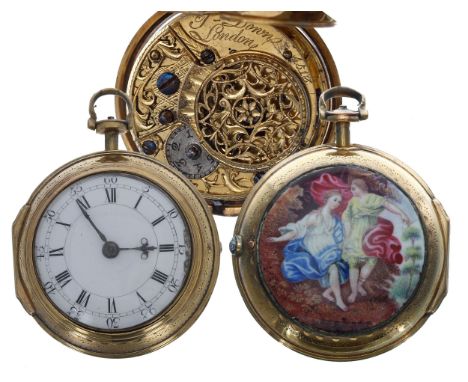 English 18th century gilt and enamel pair cased verge pocket watch, the fusee movement signed J. Down, London, no. 4513, with