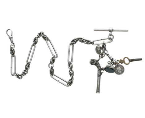 Silver Figaro link watch Albert chain, with two silver clasps, silver T-bar, coin fob, propelling revolver (at fault), white 