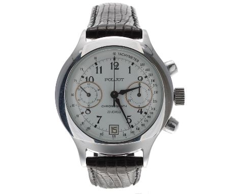 Poljot Chronograph stainless steel gentleman's wristwatch, the white dial with Arabic numerals, tachymeter scale with centre 