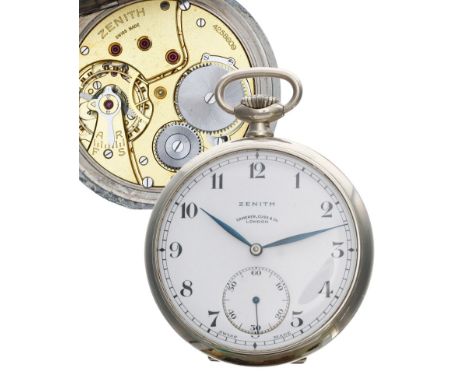 Zenith nickel cased lever pocket watch, signed gilt frosted movement, no. 4258609, hinged cuvette, signed dial branded 'Camer