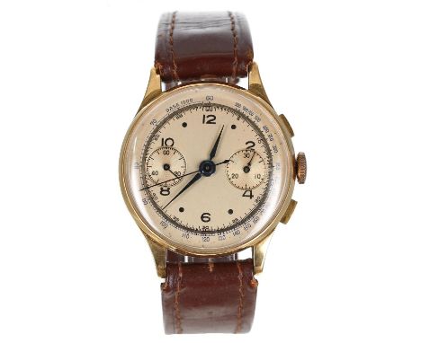 18ct rose gold chronograph gentleman's wristwatch, circular bronze dial with Arabic numerals, hour markers, minute track with